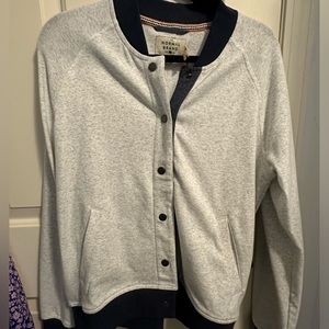 NWT, The Normal Brand - Women’s Cotton Bomber Jacket, Stone Grey w/ Navy Trim